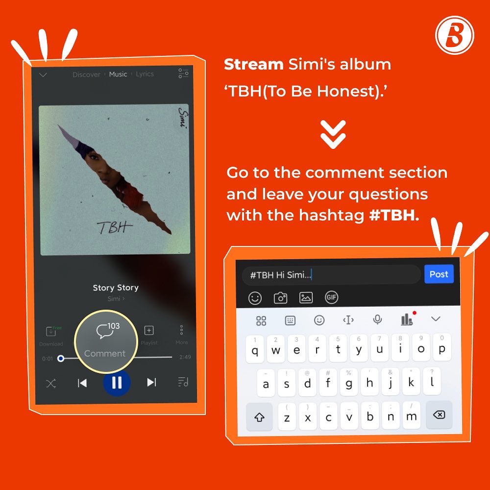 BoomplayNigeria's tweet photo. How To Participate: ππΎ
- Stream the #TBH album on Boomplay.
- Go to the comment section in-app and leave your question with
the hashtag #TBH.
And stand a chance to win exclusive Boomplay gifts! ππΎ https://t.co/QE1MGPtau8
#AskSimi #BoomplayXSimi https://t.co/RCCrhULucF