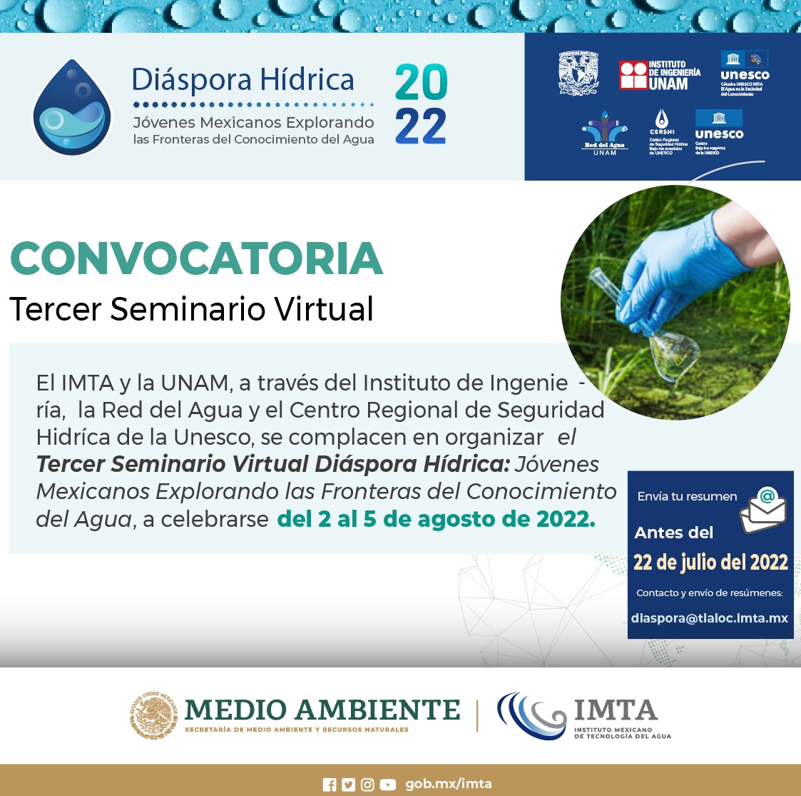 🔵Si estás cursando un posgrado relacionado con temas de agua esta convocatoria es para ti 💧🎓

El <a href="/IMTA_mx/">IMTA</a>, <a href="/IIUNAM/">Instituto de Ingeniería</a>, La Red del <a href="/Agua_UNAM/">Red del Agua UNAM</a> y el <a href="/cershi_unesco/">CERSHI</a>, invitan a participar en el Tercer Seminario virtual Diáspora Hídrica.🌐

Consulta las bases ➡️ bit.ly/DiasporaHidric…