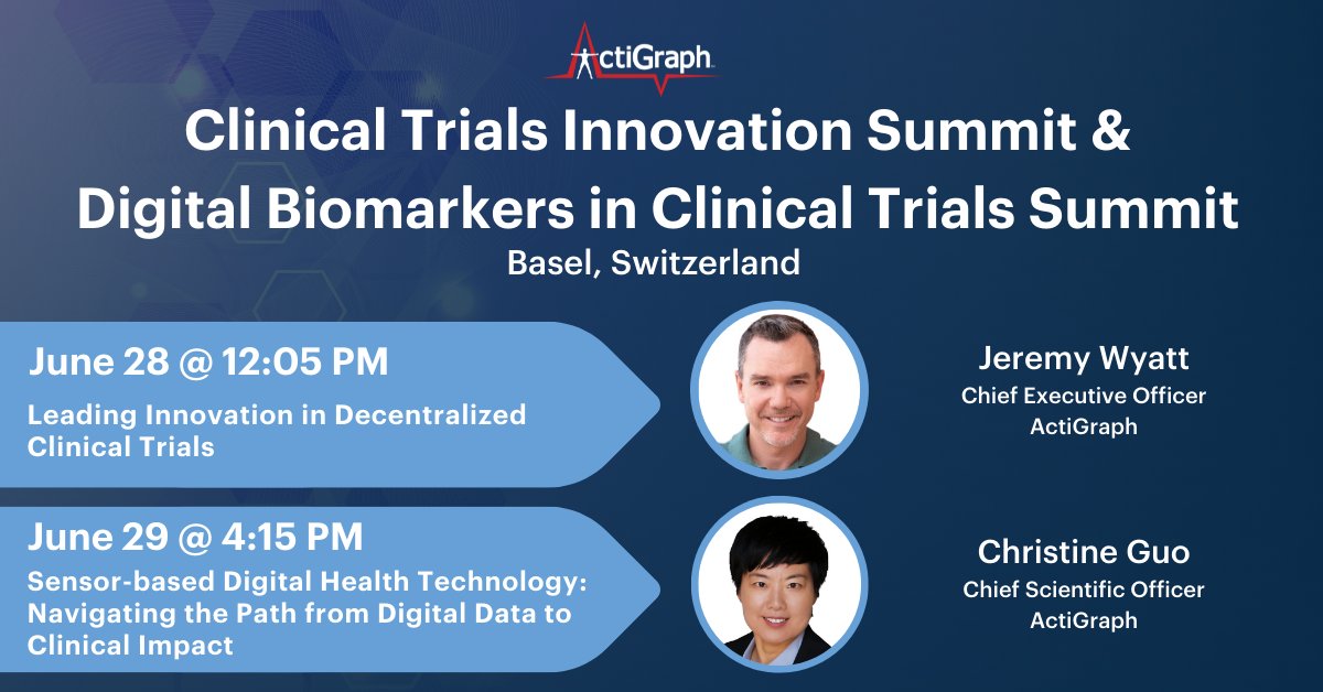 #ActiGraph CEO, Jeremy Wyatt, and CSO, <a href="/ChristineGuo_AG/">Christine Guo</a> will participate in two events hosted by <a href="/PanAgoraPharma/">PanAgora Pharma</a> in Basel, Switzerland: 
6/28 - Clinical Trials Innovation Summit
6/29 - Digital Biomarkers in Clinical Trials Summit
We hope to see you there!