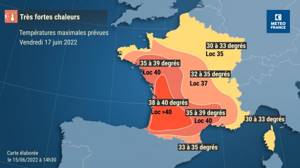 VigiMeteoFrance's tweet image. Aujourd'hui, 1er jour d'une #VagueDeChaleur très intense et précoce, d'une durée d'au moins 5j. Pic de vendredi à samedi suivant les régions (35 à 40°C sur les 3/4🇫🇷) avant un tassement dimanche. Extension de la  #vigilanceorange #canicule à suivre demain.