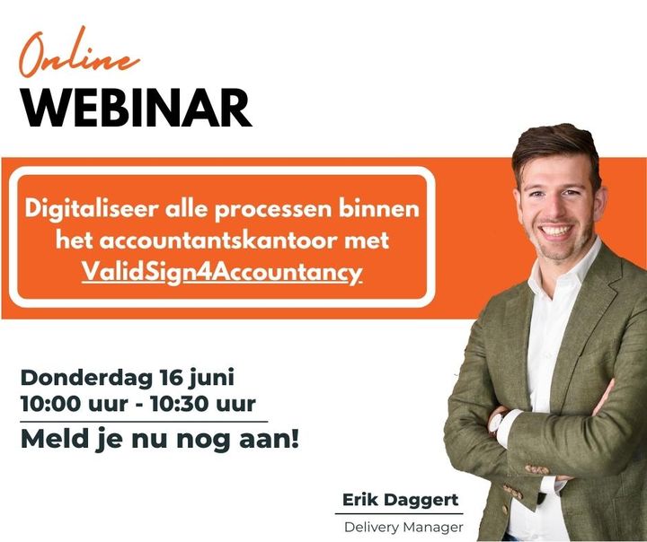 ValidSign's tweet photo. Donderdag 16 juni om 10:00 uur  is het zover: het  webinar 'Digitaliseer alle processen binnen het accountantskantoor met ValidSign4Accountancy'. Ontdek hoe jij ValidSign4Accountancy  kan inzetten binnen jouw accountantskantoor. Meld je nu aan!

✅https://t.co/NmpPfAxggG https://t.co/M6LcfafTJw