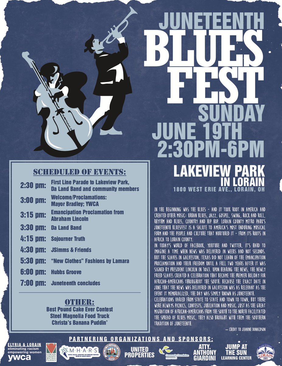 We can't wait to celebrate #Juneteenth this weekend in Lorain! If you're wondering what all is planned throughout the day on Sunday, check out this flyer for Juneteenth Blues Fest happening at #LakeviewPark! For more info on events this weekend, stay tuned!
