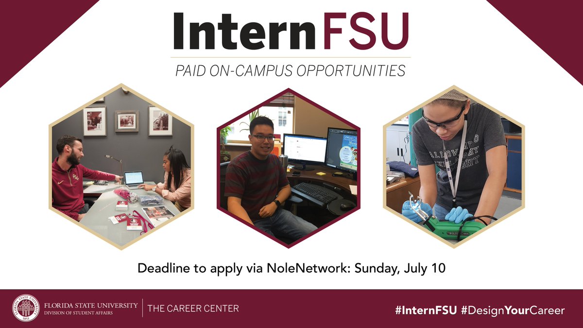 FSUCareerCenter's tweet photo. Are you a degree-seeking undergraduate student looking to intern on campus next semester? InternFSU applications opened today! View open positions and apply with your résumé in NoleNetwork. Open to all majors and class levels. #DesignYourCareer

https://t.co/wh08yucUxJ https://t.co/70DPeQp1vj
