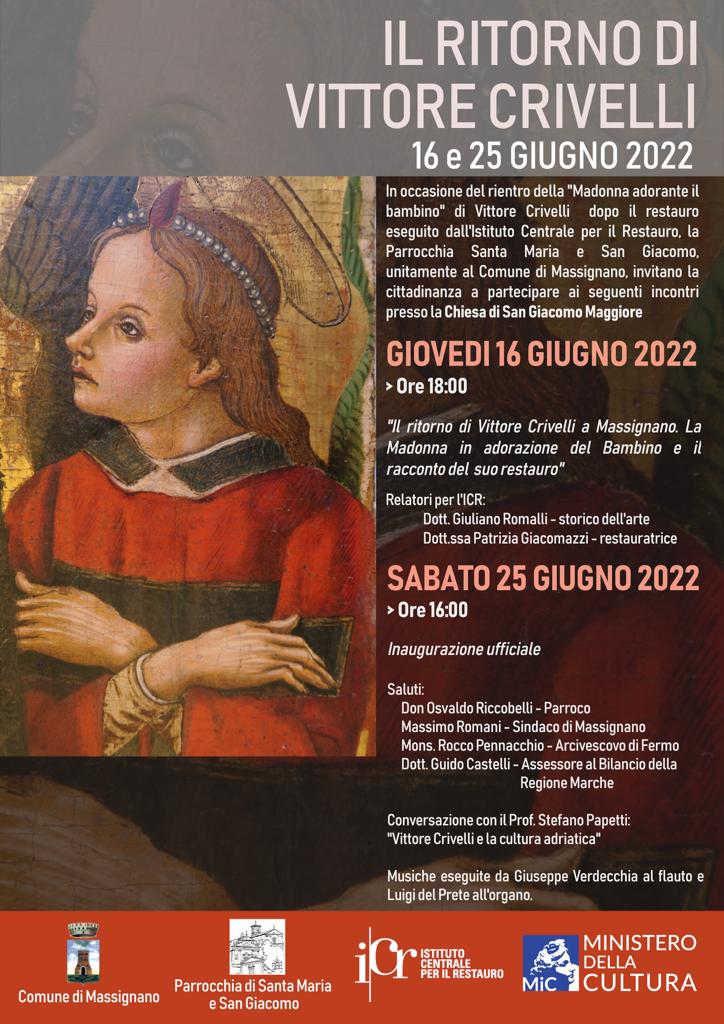 Domani ore 18:00, in occasione del rientro della "Madonna in adorazione del Bambino" del pittore Vittore Crivelli, restaurata dall'ICR, presentazione del restauro nella chiesa parrocchiale di San Giacomo Maggiore a #Massignano (AP)