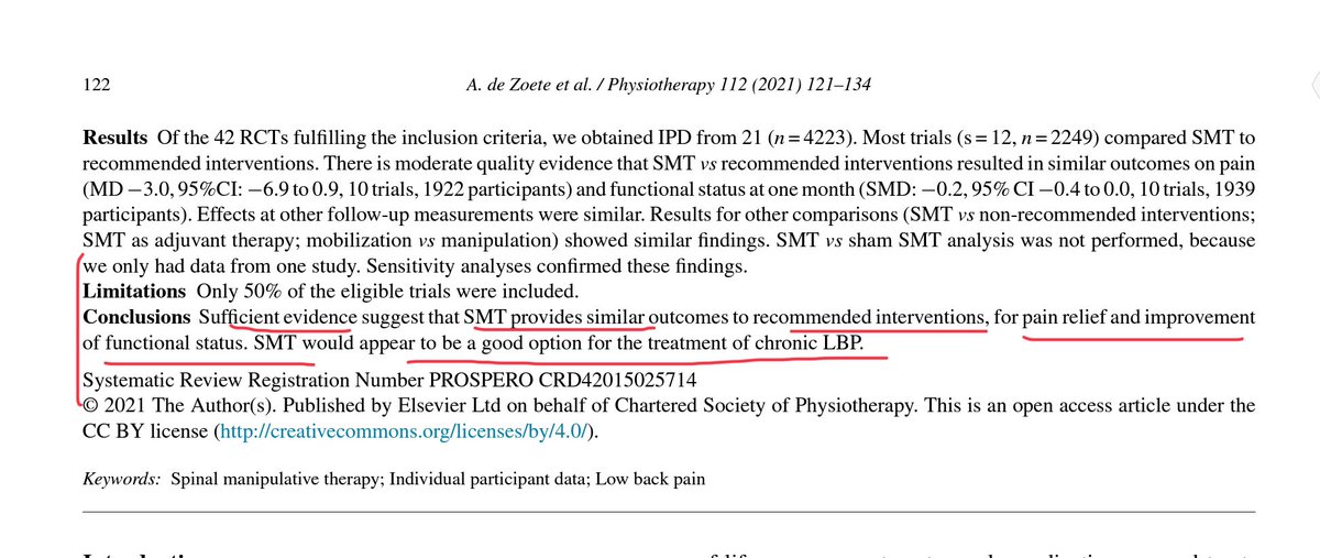Retlouping's tweet photo. The effect of spinal manipulative therapy on pain relief and function in patients with chronic low back pain: an individual participant data meta-analysis https://t.co/m9K2RiYQdS

But, but it sucks? Apparently equally to everything else. Hail the secondary benefits of exercise. https://t.co/8KBngRxM2N