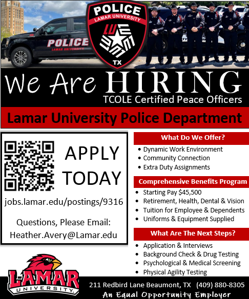 LamarPD's tweet image. 🚨 We are HIRING!! 🚨 #LUPD has openings for TCOLE Certified Peace Officers. Applicants must be TCOLE certified or currently enrolled in a TCOLE Academy.  jobs.lamar.edu/postings/9316 #Police #lamaruniversity  #communitypolicing