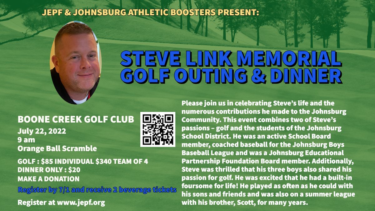 JHSSkyhawks's tweet photo. The 1st Annual Steve Link Memorial Golf Outing &amp; Dinner is open for registrations.  Get a group together and come out to the event to honor a man who did so many great things for @JohnsburgSD12 and the community! https://t.co/Ptzj06c0yb