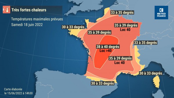 VigiMeteoFrance's tweet image. Aujourd'hui, 1er jour d'une #VagueDeChaleur très intense et précoce, d'une durée d'au moins 5j. Pic de vendredi à samedi suivant les régions (35 à 40°C sur les 3/4🇫🇷) avant un tassement dimanche. Extension de la  #vigilanceorange #canicule à suivre demain.