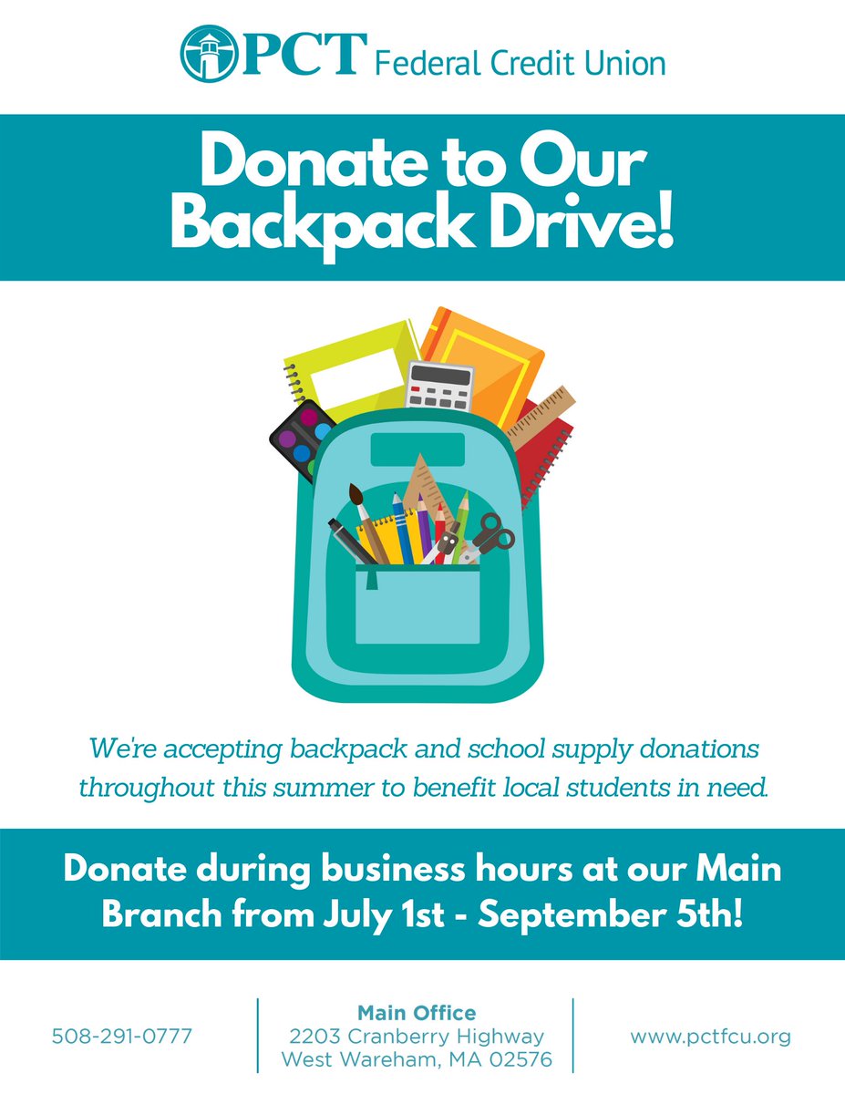 We’re accepting new backpack and school supply donations throughout the summer at our Main Office during business hours. #PCTFCU #PCTFederalCreditUnion #WarehamMA #BackpackDrive #SchoolSupplyDrive #BacktoSchool #SchoolSupplies #NewBackpacks #Community #GivingBack