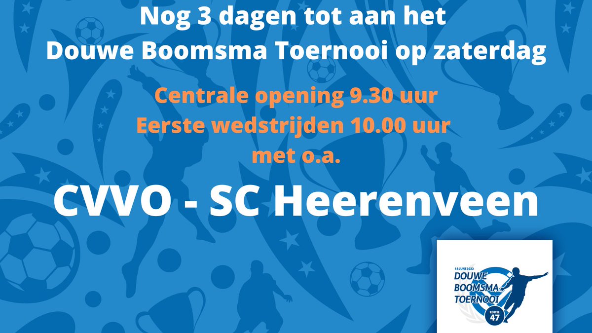 DBToernooiCVVO's tweet photo. Nog 3 dagen te gaan tot onze topteams beginnen aan het toernooi, zien we jou dan?
De organisatie is bezig met de laatste zaken te regelen, we kijken erg uit naar het toernooi. De weergoden lijken ons ook goed gezind te zijn
#dbt #douweboomsmatoernooi #cvvo #voetbal https://t.co/dG5CK7anYJ