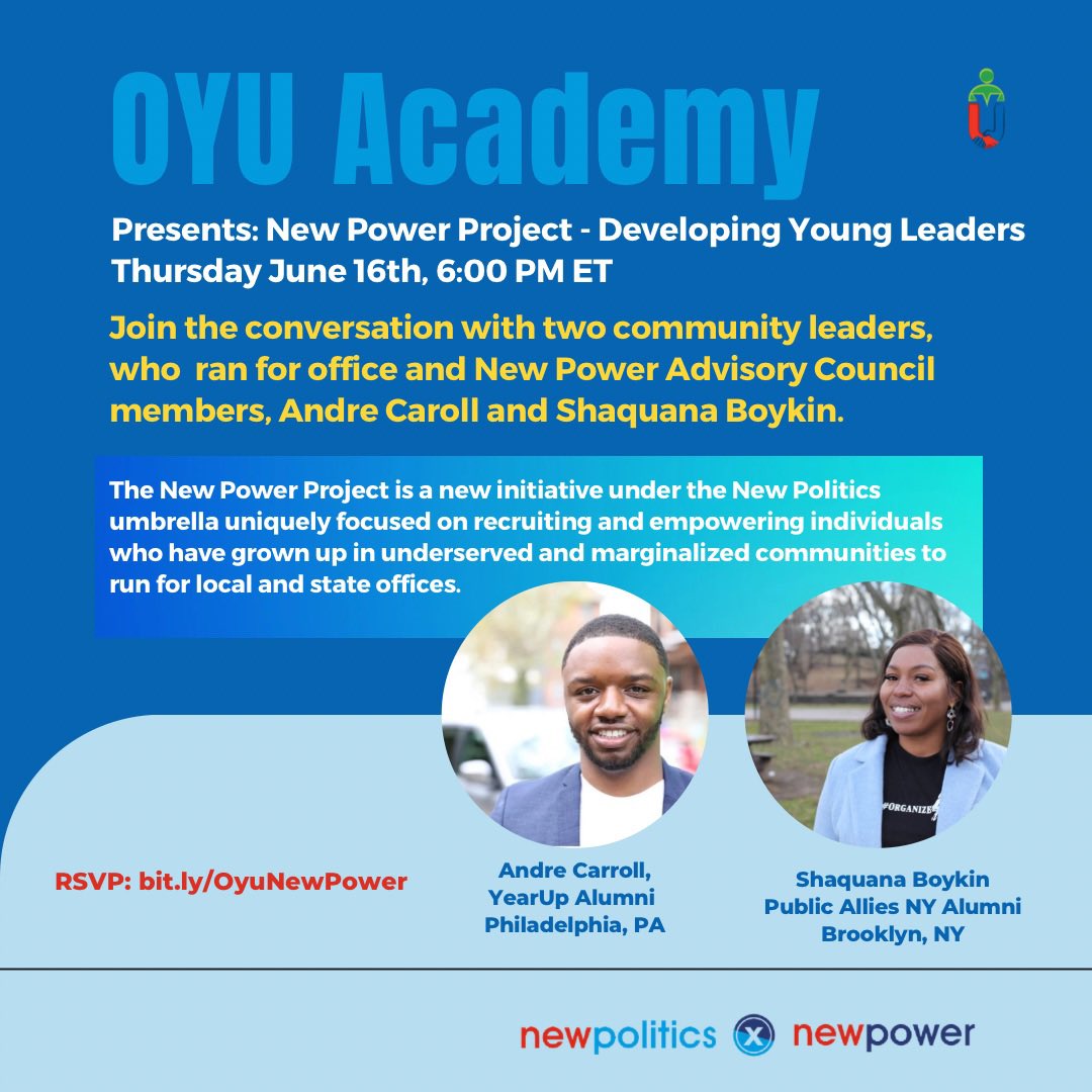 OYUnited's tweet image. Ain’t no Opportunity like an @OYUnited Opportunity! Join #OYUnited Academy featuring guest speakers @AndreDCarroll + @Shaquanaforbk. Bring a young person with a passion for community to discuss taking to the next level ➡️RSVP: bit.ly/OyuNewPower.  #OyuNewPower