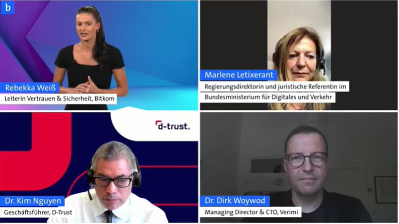 Bitkom_Security's tweet photo. Wie sieht die Zukunft der #eIDAS und Digitalen Identitäten für Europa aus? "@MLetixerant (@BMDV_bund), Dr. Kim Nguyen (D-Trust) & Dr. Dirk Woywod (@VERIMI_Now) in der Abschlussdiskussion auf dem #eidas22. https://t.co/sBaUf8sbOt