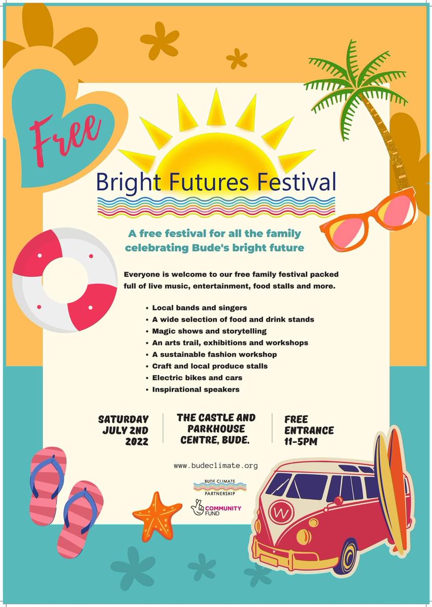 Just a little overview on our Bright Futures Festival just over 2 weeks away. It's a free family event we're holding for YOU! We'd love everyone to come celebrate our beautiful town of #Bude.Full info  budeclimate.org  or facebook.com/11299389714661…
#budeevents #budefestivals