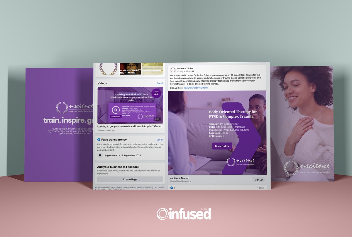 InfusedM's tweet photo. One of our recent client wins featuring a branded social media set up &amp; ongoing campaign for a fantastic client! nscience provide industry leading support &amp; training for mental health professionals across the world. Here's to continued success 🚀#socialmediamarketing #smm https://t.co/ONh5YbS32p