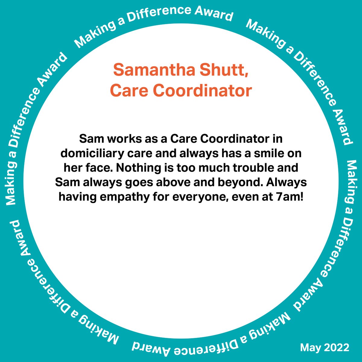 ItsNurtrio's tweet photo. May’s Making a Difference Award goes to Samantha Shutt! An early bird keeping the team chirpy and motivated before most have even had their morning coffee! 🐤☕️ https://t.co/2DYiEI3TUE