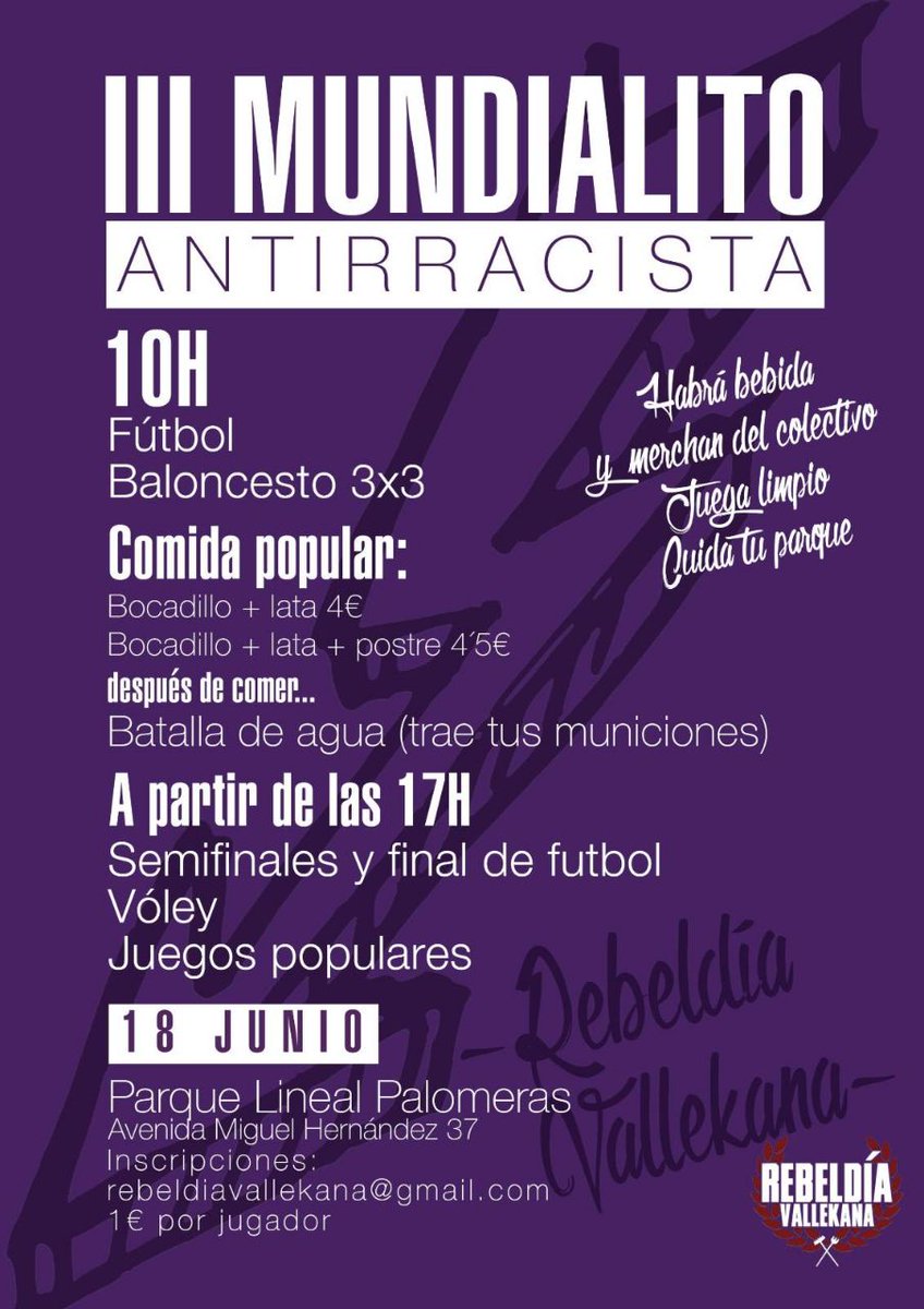 ❗III MUNDIALITO ANTIRRACISTA❗

Recordad que este sábado 18 DE JUNIO tenemos una cita en 📍las pistas del Parque Lineal (Metro Miguel Hernández) a partir de las 10h. 

TODAVIA QUEDAN ALGUNAS PLAZAS, ¡APÚNTATE! 

⚽🏐🏀🔫💧
