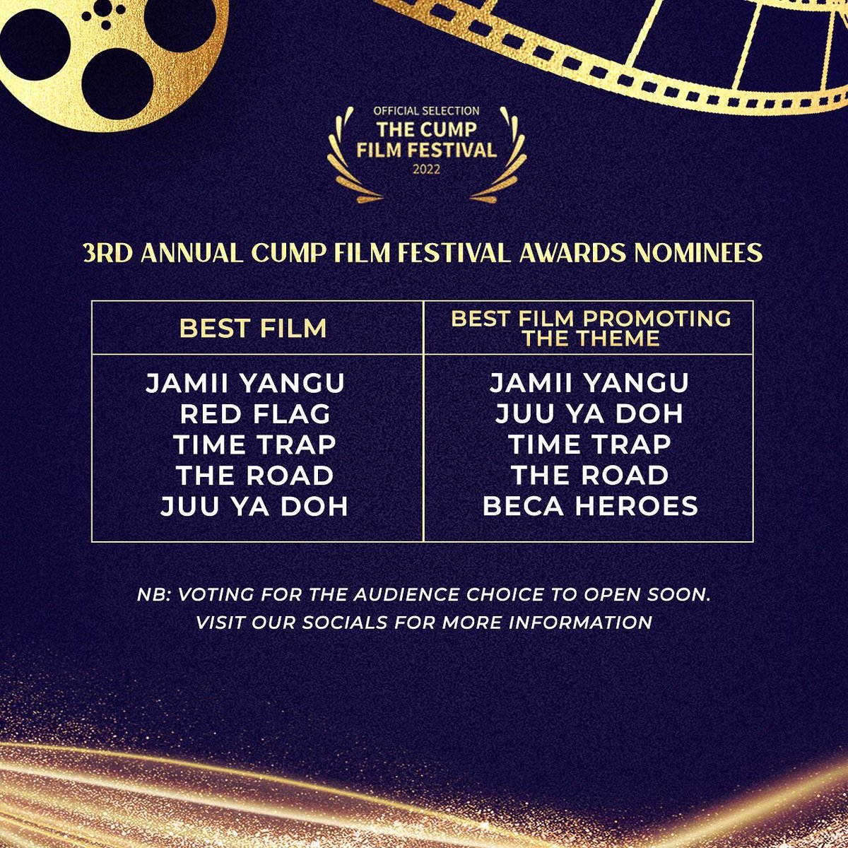 CumpFestival's tweet photo. Congratulations to the films that have made it this far! Audience choice voting will begin soon. 
Grab a ticket today to see who will be crowned the winner of KES 100k 
Tickets available on https://t.co/mdfpAiI0xS 
#tunaCUMPEldoret #tuCUMPEld #CUMPinEld #cump2022 #whatunitesus https://t.co/X4CdobMOlk