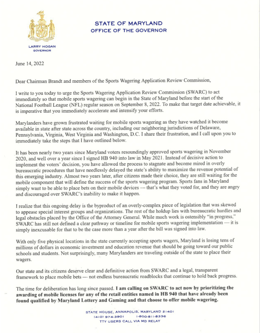 GovLarryHogan's tweet photo. Today I called on the legislature’s Sports Wagering and Application Review Commission to take immediate actions to launch mobile sports betting in Maryland for the NFL season.

Read my full letter: https://t.co/uUWRRlonoR https://t.co/VrqWaOzimS
