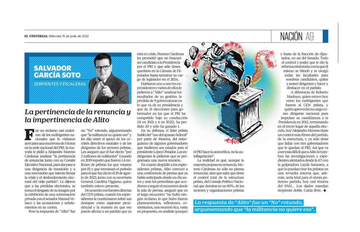 SerpienYEscaler's tweet photo. La pertinencia de la #renuncia y la #impertinencia de #Alito
Columna de @SGarciaSoto
@PRI_Nacional @alitomorenoc
@DulceSauri @MFBeltrones @ruizmassieu
@osoriochong
@RobertoMadrazo_
#BeatrizParedes
#CesarCamacho
@rubenmoreiravdz
https://t.co/C5AORQQNnI .
@El_Universal_Mx https://t.co/Sd0QtX7a6H