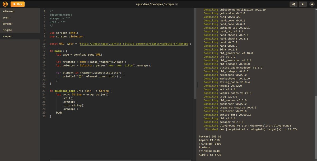 AgusPDana's tweet photo. I've been working on @RustExplorer in the last few months.

It's a @rustlang playground that has over 10,000 most downloaded crates.

Support
- real-time output
- ASCII color
- internet access

https://t.co/PYW7G8z6ac https://t.co/ewJDIn5ze2