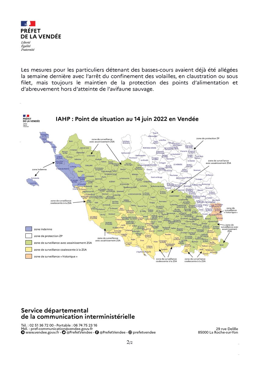 Levée des mesures de confinement des volailles pour tous les élevages ayant des parcours extérieurs destinés aux volailles en raison de la vague de chaleur
Plus d'informations sur notre site internet vendee.gouv.fr/levee-des-mesu…
#grippeaviaire