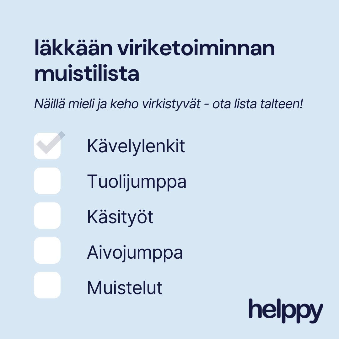 hemby_fi's tweet photo. Mitä tulee mieleen iäkkään viriketoiminnasta?🧠

Kokosimme blogiimme 5 ideaa siihen, millaista viriketoimintaa omalle läheiselle ikäihmiselle voi järjestää.

Nappaa ideat talteen ja hyödynnä, kun seuraavan kerran tapaat ikääntyneen läheisesi!

Koko teksti: https://t.co/8NqFxDvo2L https://t.co/9a1yo1YFWM