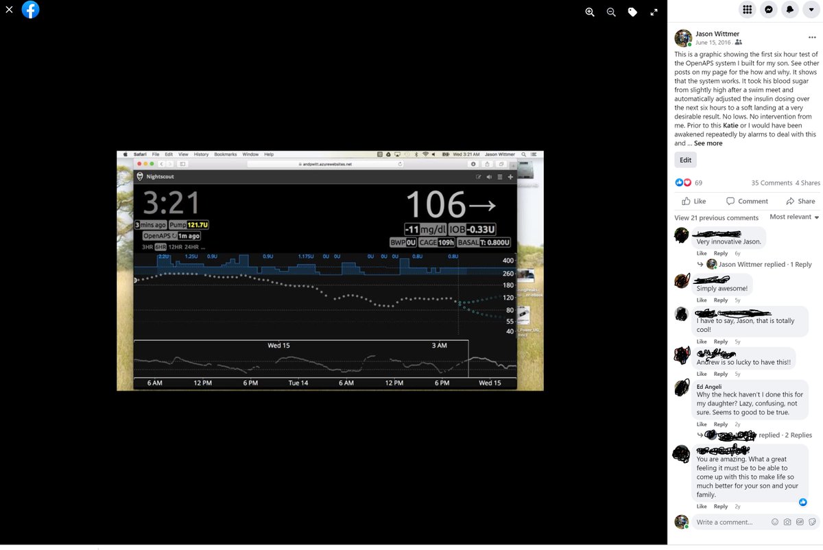 jbwittmer's tweet image. 6 years ago today made this post on FB after the first 6 hours of #OpenAPS.  Still remember the elation and amazement I felt as I watched the computer adjust my son&apos;s insulin and the amazing results.  6 years later, still using open-source AID.  #WeAreNotWaiting