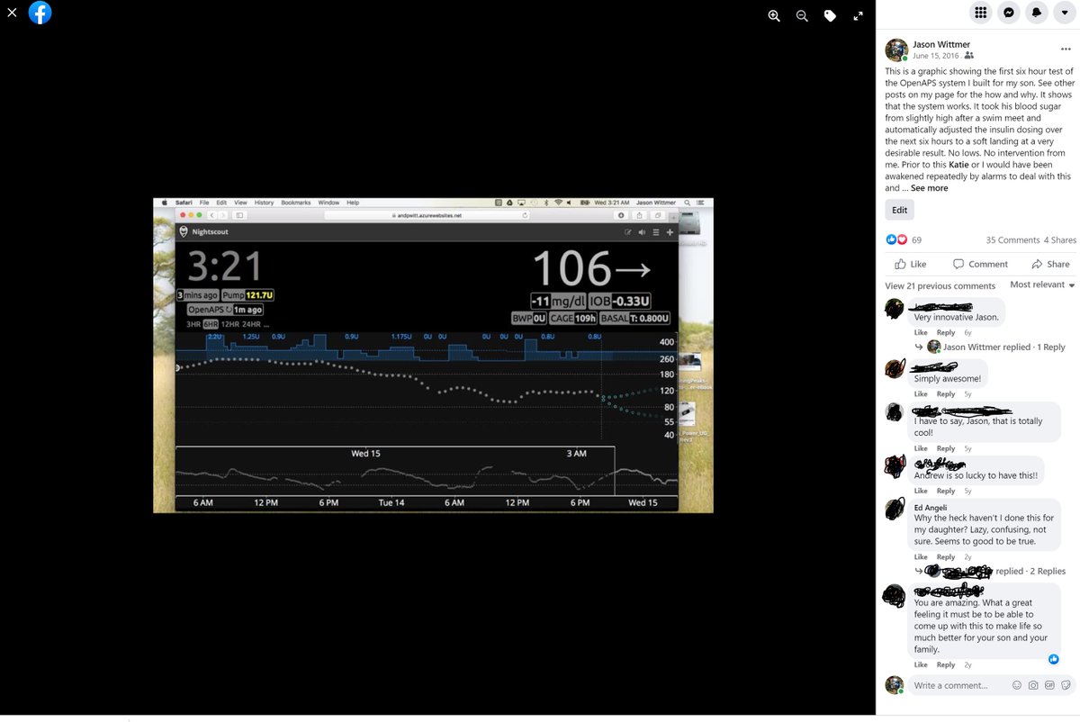 6 years ago today made this post on FB after the first 6 hours of #OpenAPS.  Still remember the elation and amazement I felt as I watched the computer adjust my son's insulin and the amazing results.  6 years later, still using open-source AID.  #WeAreNotWaiting