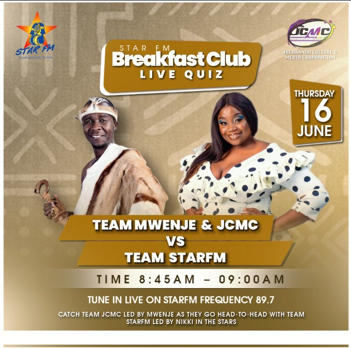 dhube_michelle's tweet photo. Join us, team @jcmczw and @mwenjemathole as we take on team @StarfmZimbabwe on the Breakfast club with @nikkiinthestars, tomorrow at 8:45
#breakfastclub 
#teammwenje 
#teamjcmc 
#QuizTime 
#soundinggoodallthetime https://t.co/ia5ChjGBhm