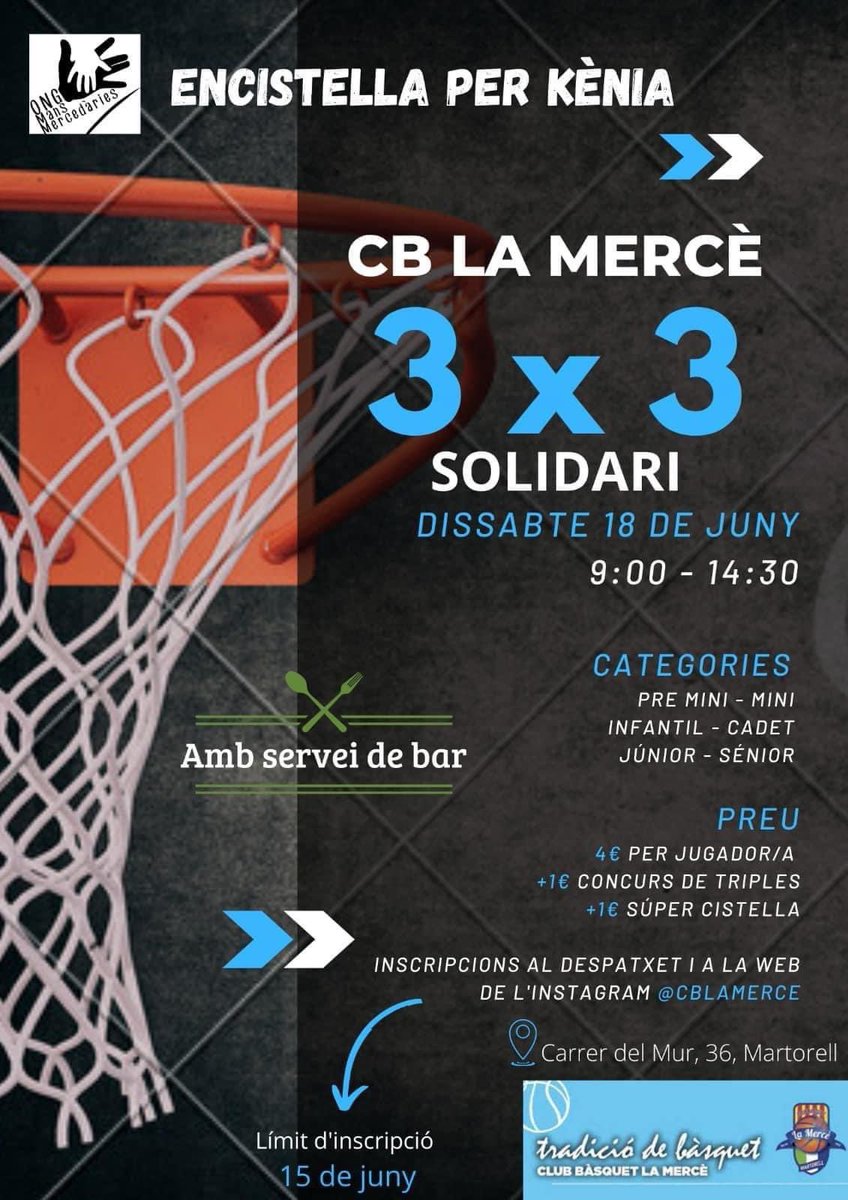 cblamerce's tweet photo. ⚪🔵 CLUB
🤲🏻 Últim dia per apuntar-se al 3x3 solidari!
📅 Dissabte 18 de juny
🍻 Tindreu servei de bar tota la jornada
👕 Podreu comprar la samarreta commemorativa dels 30 anys i clauers personalitzats!
🔖 Apunteu-vos-hi a https://t.co/mtSymHnKFo
#TradicióDeBàsquet
#CBLaMercè https://t.co/GN9sb1mMKT