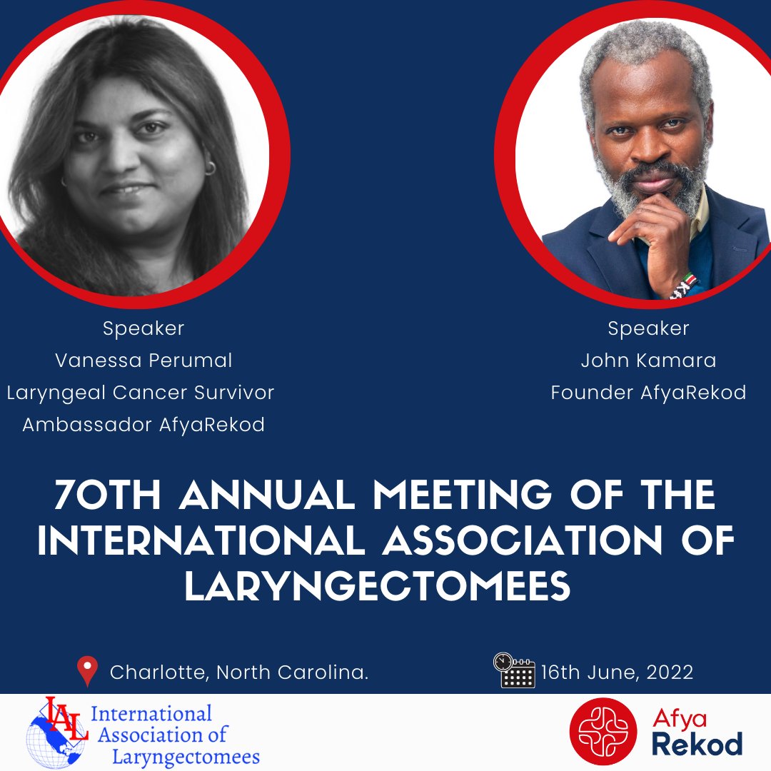 AfyaRekod Founder and CEO <a href="/jjkamara/">John Kamara</a> and Cancer Survivor and AfyaRekod Brand Ambassador <a href="/vanessaperumal/">@VanessaPerumal</a> will be speakers at 70th Annual Meeting of the International Association of Laryngectomees on the 16th of in Charlotte, North Carolina.

#healthcare #health
