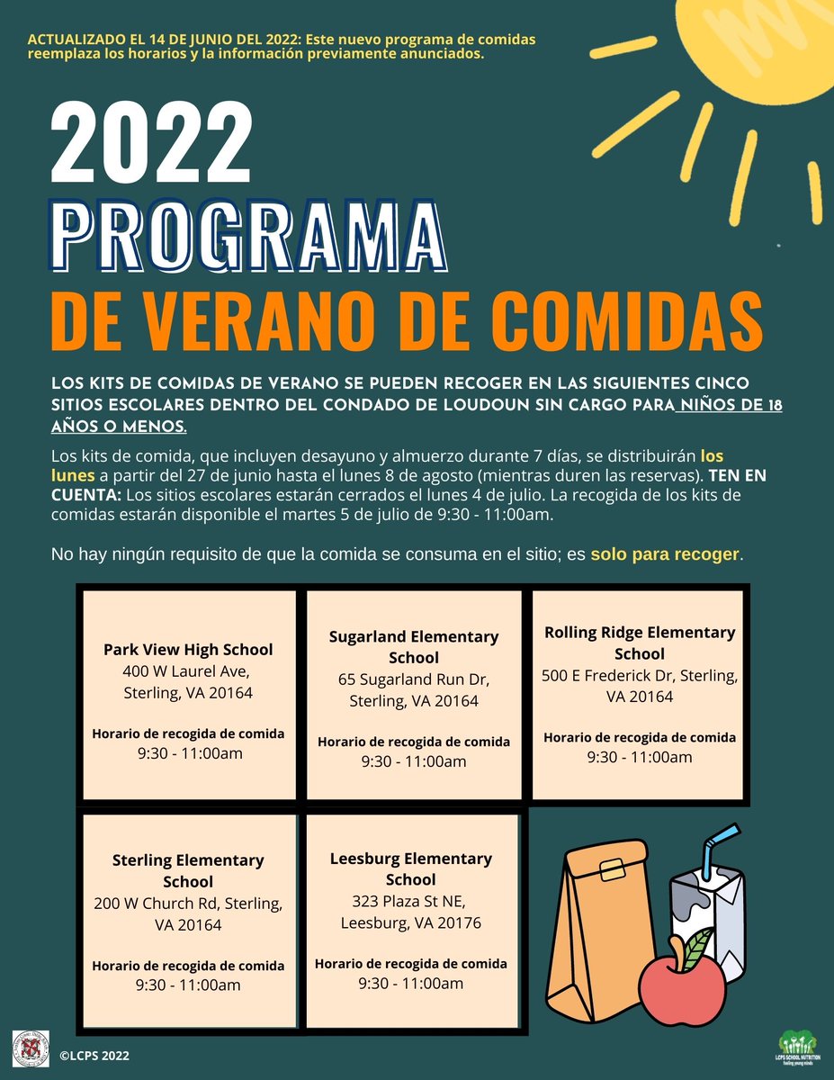 UPDATE ‼️ LCPS will expand the summer food program to include a distribution site at <a href="/Leesburg_ES/">Leesburg Elementary School, VA</a> and the ability to pick up a week’s worth of meals. 

To learn more about our revised summer meal program, please visit our website or review the flyer below.