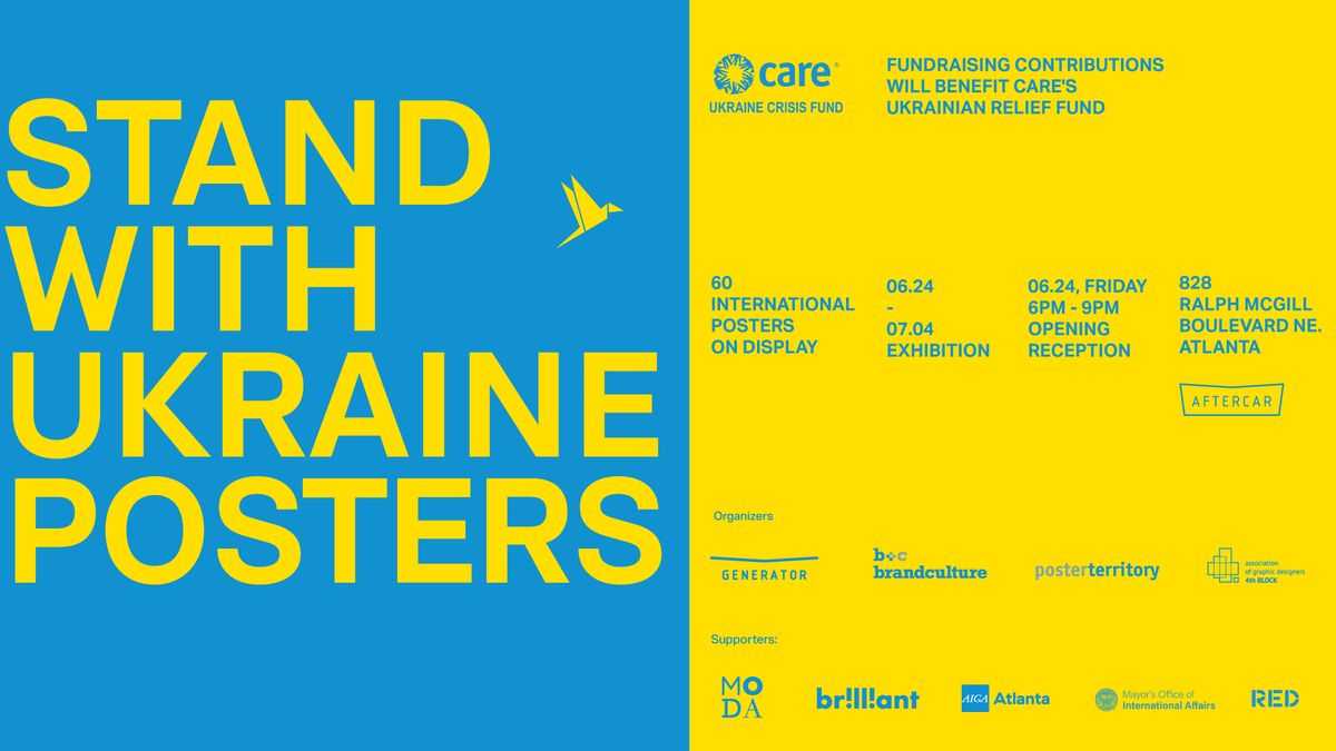 <a href="/ATLIntlAffairs/">ATL International & Immigrant Affairs</a> is a proud supporter of "Stand With Ukraine," a poster exhibition showcasing 60 posters selected from 1000 submissions &amp; 50 countries. Join us for the opening reception next Friday, 6/24 6PM <a href="/aftercarbar/">Aftercar</a>. 
  
🔗to register bit.ly/3QnkYax