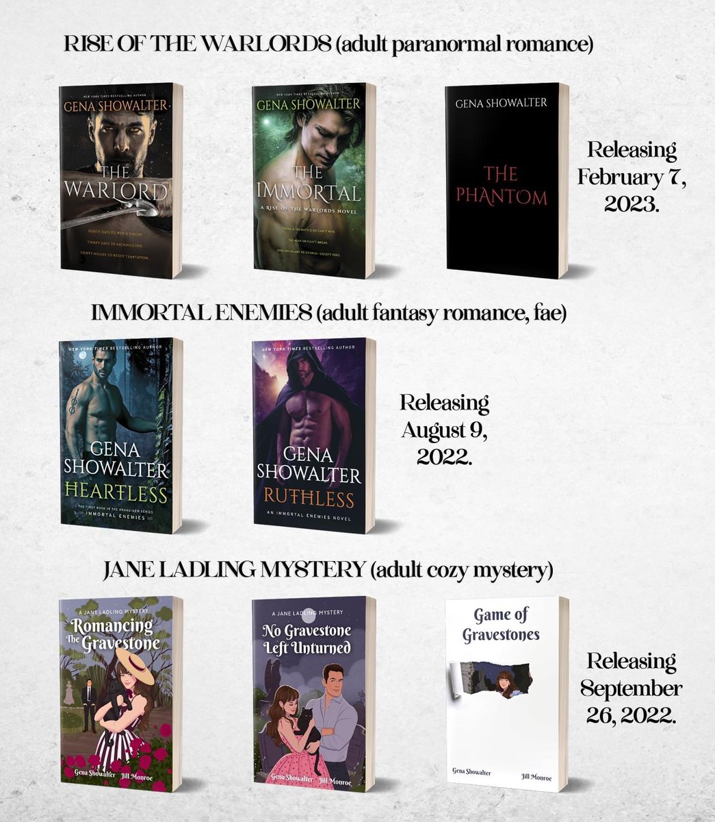 genashowalter's tweet photo. I have three (+ a Jane Christmas novella) new books coming soon! Make sure to stay updated on everything by joining my FB group, Gena Showalter’s Legions, or subscribing to my newsletter! https://t.co/hbhtEEXsWw