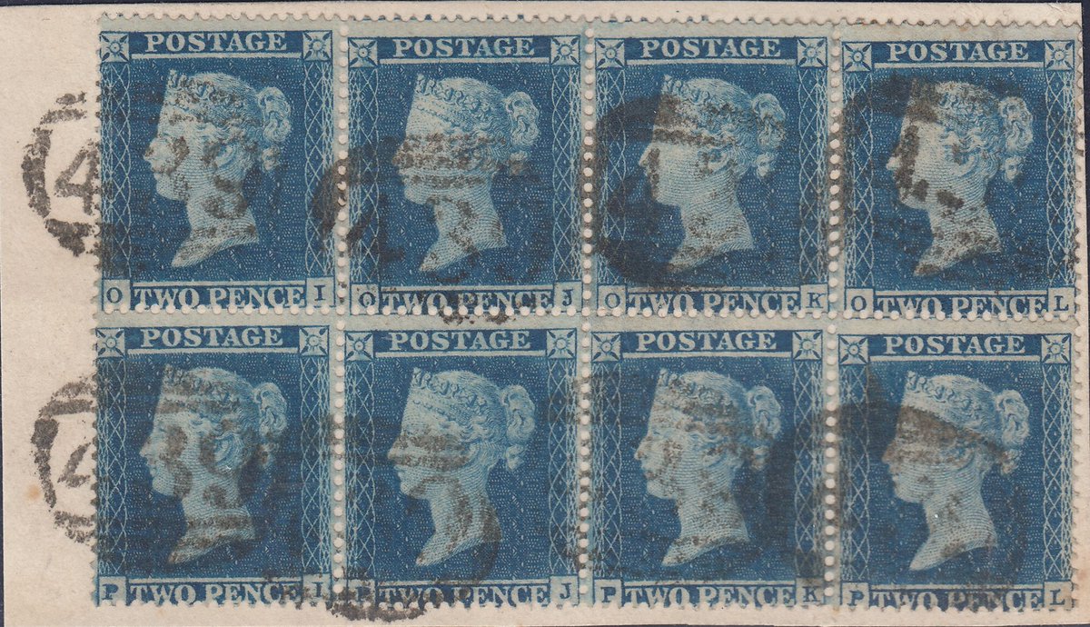 1854 small piece with a very fine used block of eight 2d blue plate four with tied fine "439" numerals of #Launceston. Rare and attractive multiple. #philately #stampcollecting #collectingstamps #philatelist #gbstamps #rarestamps #stamps #queenvictoria #lookfortheshield