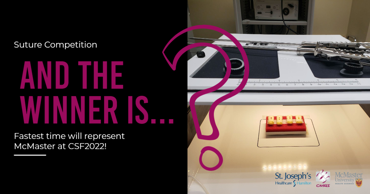 CMASHamilton's tweet photo. Suture competition has begun! The #resident with the fastest time will represent @macgensurg at the #2022CSF conference. #laparoscopic #suturing https://t.co/LhizPf52YL