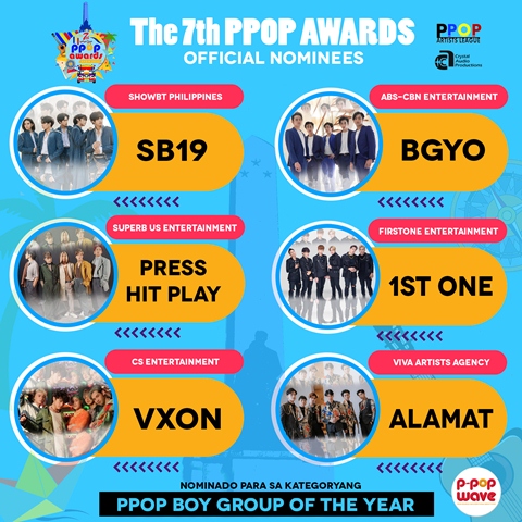 Poll4PPOP's tweet photo. 7th PPOP Awards Nominees

PPOP Boy Group of the Year: @SB19Official @bgyo_ph @PressHitPlay @1stoneOfficial @vxonofficial @Official_ALAMAT 

PPOP Girl Group of the Year: @mnl48official @BINI_ph @4thImpactMusic @official_litz @OfficialPpopGen #kaia #dione https://t.co/grc7a1jlvA