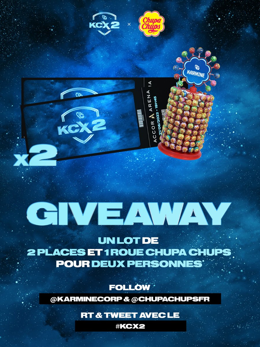 KarmineCorp's tweet image. 🔴 CONCOURS - @chupachupsfr vous offre la possibilité de gagner 2x2 places pour le KCX2 ainsi que 2 roues collectors ! 🍭

Pour participer :

✅ RT + Follow @KarmineCorp &amp;amp; @chupachupsfr 
✅ Tweeter avec le #KCX2 

TAS le 17/06, bonne chance à tous ! 🍀