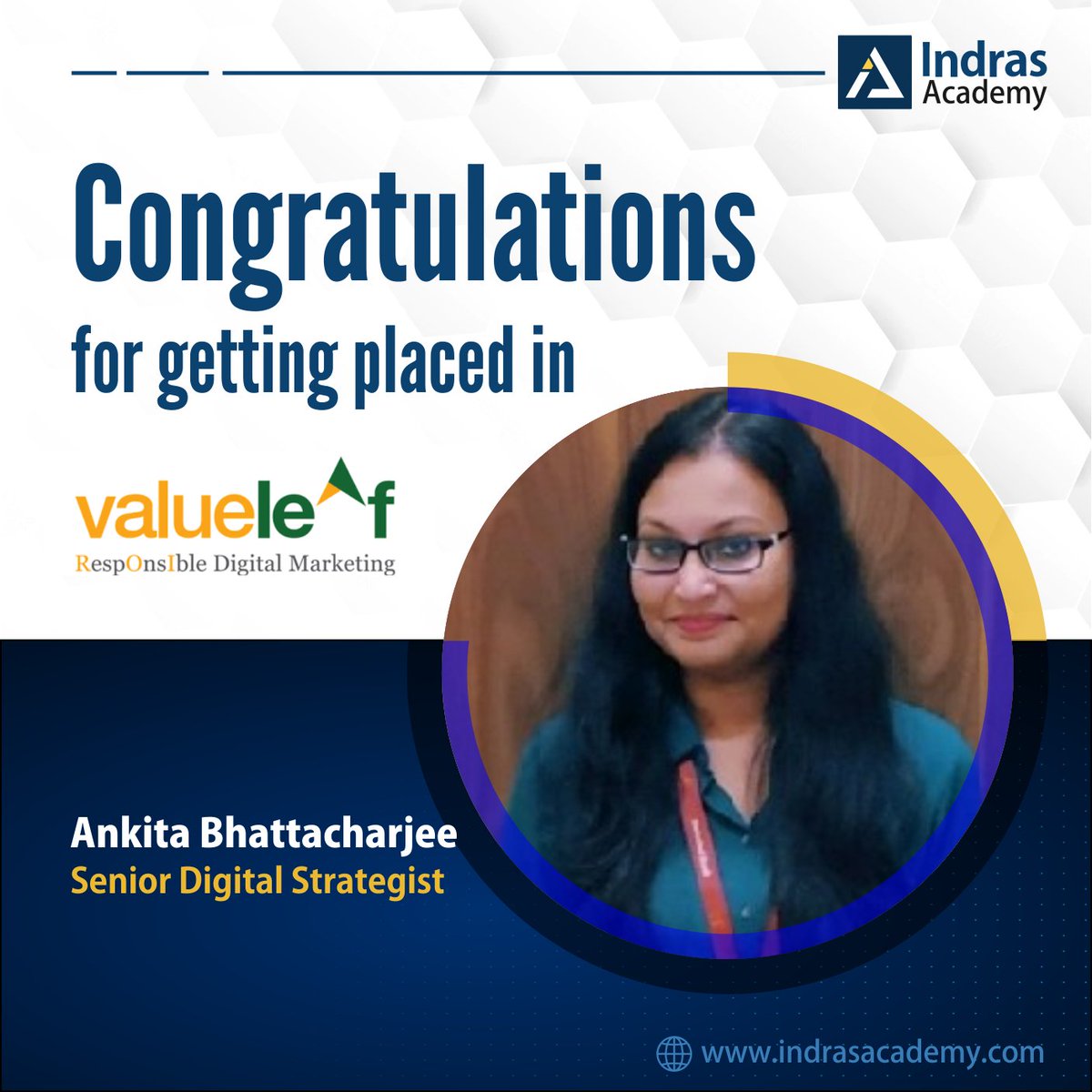 indranandyala's tweet photo. Congratulations Ankita Bhattacharjee for being placed as Senior Digital Strategist at Valueleaf. All the best in your endeavors.

#digitalmarketingplacenents #digitalmarketingtraining #indrasacademy #digitalmarketingcourses #placements #seotraining #ppctraining https://t.co/vZLaM6FVO7
