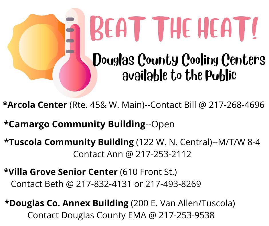 DOUGLASCOHEALTH's tweet photo. Don't let the heat get you down. There are cooling centers established throughout Douglas County if you need relief. For more information, contact Douglas County EMA at 217-253-9538. https://t.co/Y8ozsKXamz