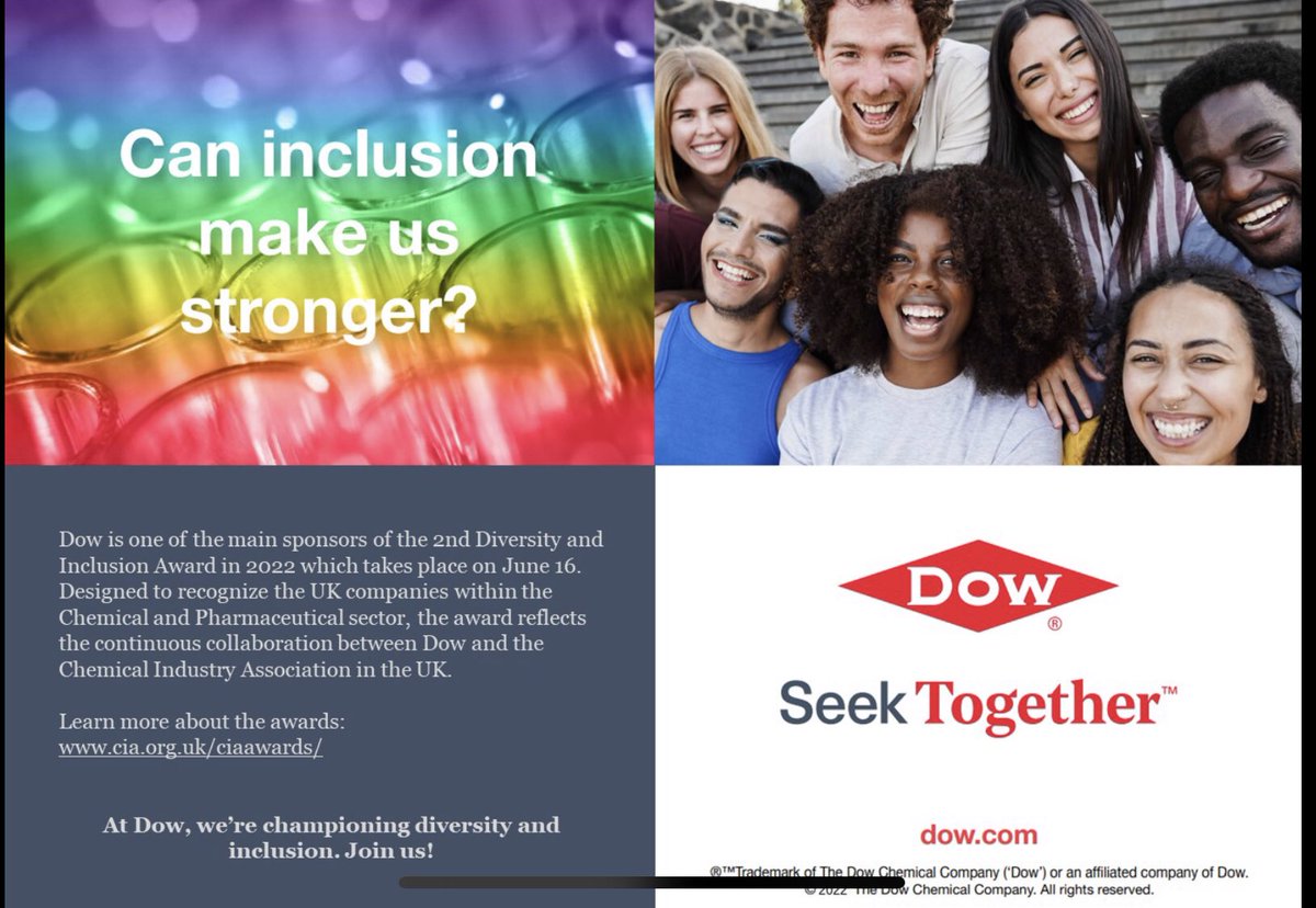 _JohnCase's tweet photo. Can #inclusion make us stronger? #proud of Dow sponsorship for #DiversityandInclusion Awards for CIA @See_Chem_Bus, The UK Chemical and Pharmaceutical industry association. Congratulations to all nominees and good luck for tomorrow. https://t.co/4WKnfweaF2