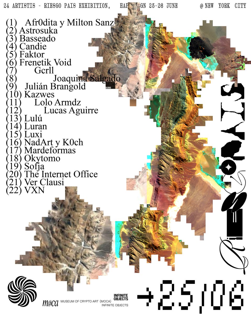 🚨 RIESGO PAIS 🚨

We're beyond excited to invite you to our upcoming exhibition in NEWTON GALLERY, 99 Canal St. NY ﾉ♡

24 artists curated by <a href="/merlina_rani/">Merlina</a> 
25 - 26 JUNE 5pm

𝑅𝒮𝒱𝒫𝓈 𝒽𝑒𝓇𝑒 +ﾟ*｡:ﾟ
eventbrite.com/e/riesgo-pais-…

✲ﾟ｡thanks <a href="/MuseumofCrypto/">Museum of Crypto Art 🔜🕳🐇</a> &amp; <a href="/infiniteobjects/">Infinite Objects</a>