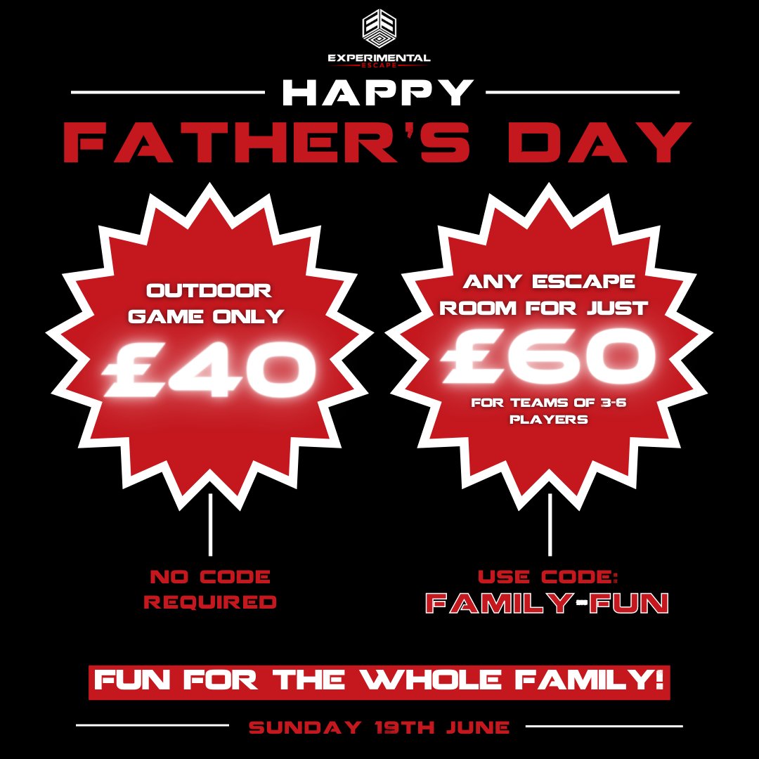 ExperimentalEsc's tweet image. We&apos;ve got an AMAZING offer for Father&apos;s Day this year so you can bring the family together to enjoy the UNMISSABLE offers, whether you celebrate Father&apos;s Day or not!!! BOOK NOW at experimental-escape.co.uk/games @LeamingtonHour #LeamingtonHour