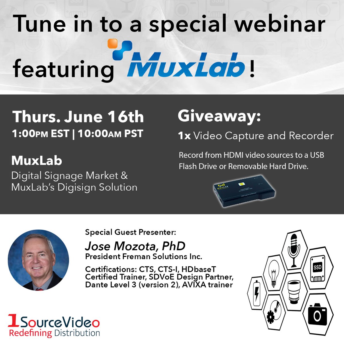 1sourcevideo's tweet image. Tune in to an important webinar with @MuxLabInc tomorrow! Sign up here: form.jotform.com/1SourceVideo/m…

#MuxLab #1SourceVideo #meetings #conference #soundbar #meetingspace #3in1 #4K #4Kcamera #microphone #sound #audio #loudspeaker #fullfrequency #RedefiningDistribution