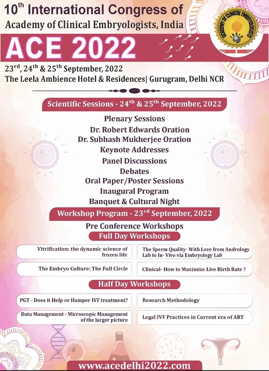 ACEINDIA2's tweet photo. The countdown has begun *100 days* to go for the biggest event of reproductive sciences in India. 

Get yourself registered and join us on 23rd-25th September, 2022 at Gurugram, NCR for 10th International conference of ACE, INDIA. 

TO REGISTER VISIT
https://t.co/l0LunghG1n https://t.co/RWMcAOiQsA