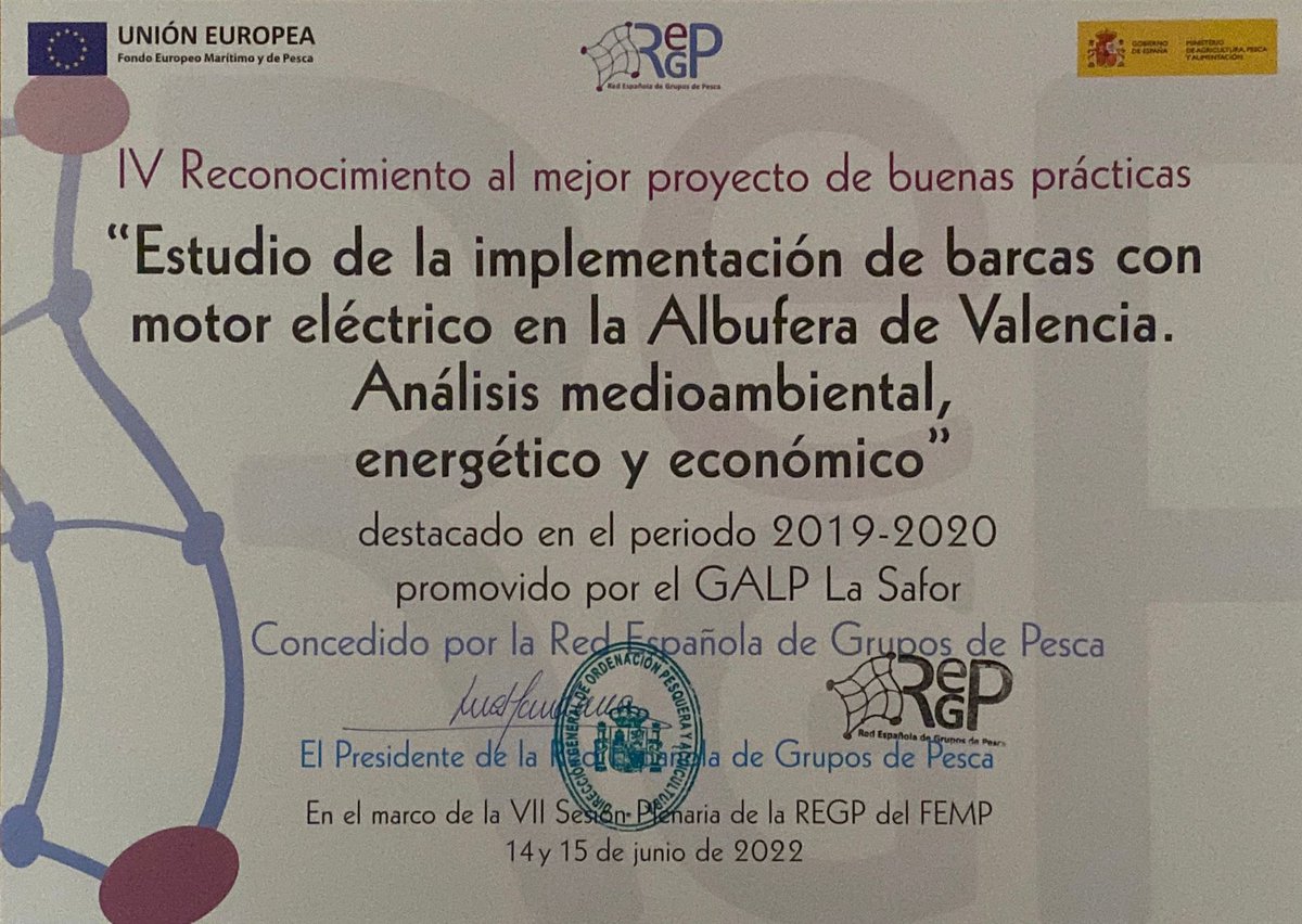 HortalimentaVLC's tweet photo. 🏆PREMI
🎇Enhorabona al @GandiaAlbufera pel seu reconeixement com a millor projecte per la @redgrupospesca per la implementació de motors elèctrics a les barques de l'Albufera 🚤⚡️ https://t.co/jRtM0LrABD