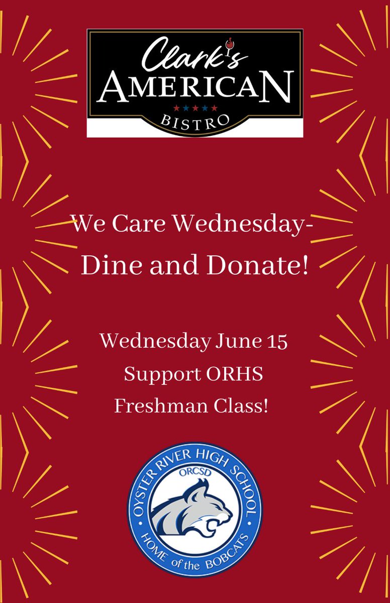 Support the Class of 2025, reward your children for their hard work during finals. Give yourself the gift of not cooking! Today 6/15 Clark's American Bistro in Durham is hosting a We Care Wednesday. The 2025 class will receive a portion of the proceeds. Take out or dine in!