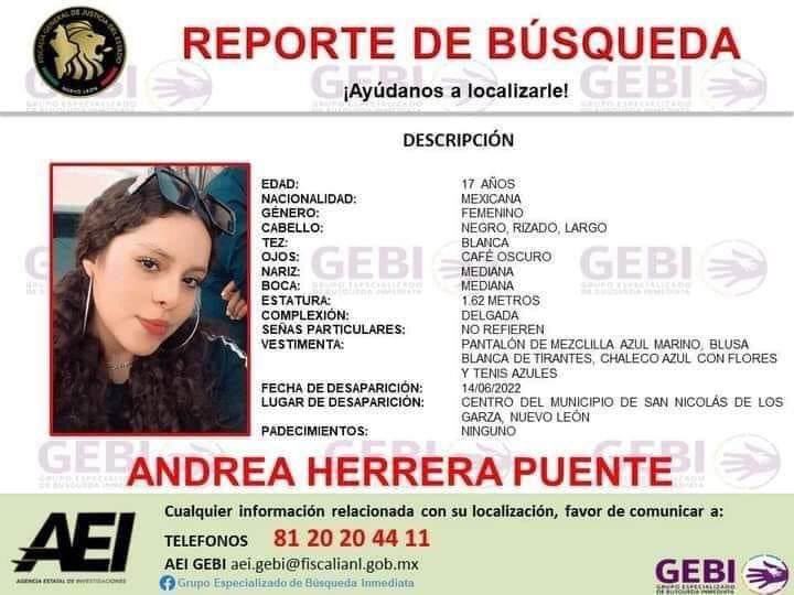 LoQuePasaEnNL's tweet photo. Les pido su colaboración compartiendo para que ANDREA HERRERA PUENTE regresa a casa, solo tiene 17 años, desapareció ayer y su familia obviamente inconsolable, es de San Nicolás !!!

Cualquier información comunicarse a los teléfonos:
☎️  81 20 20 44 11 ☎️ https://t.co/yiUk9R1baW