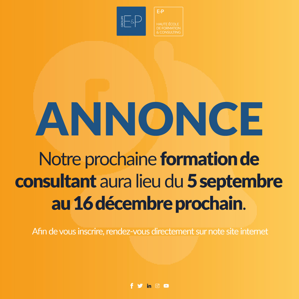 SAVE THE DATE!
Notre prochaine formation de consultant aura lieu du 5 septembre au 16 décembre prochain.

Afin de vous inscrire, rendez-vous directement sur note site internet : ow.ly/HHre50Jycya

#FormationPro #FormationProfessionnel #SaveTheDate #FormationConsultant