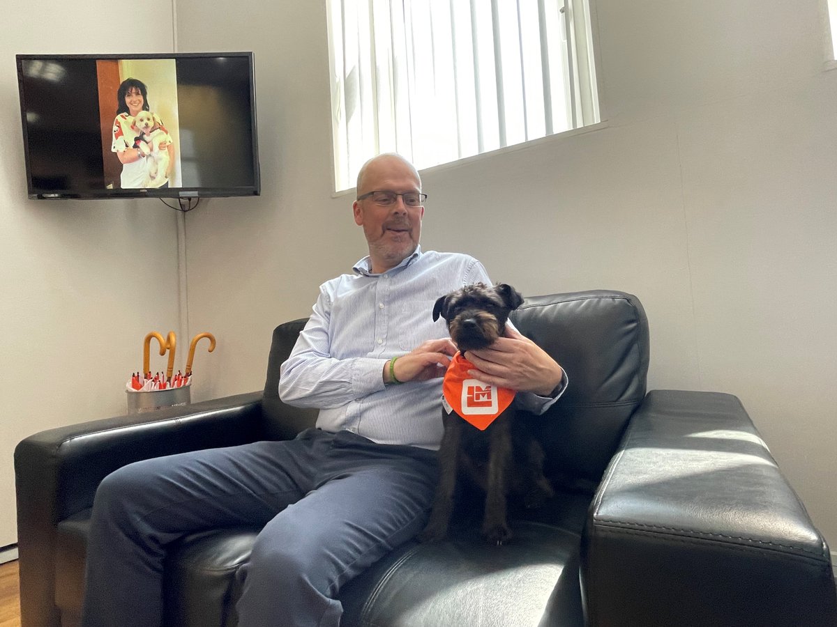Cartmells's tweet photo. Just 3 days to go until the @TheLakesmanTri LakesMINI event at @KeswickRugby club on Saturday-which we are very pleased to sponsor.
Here's our MD, Peter Stafford, & his boss, Maggie, sporting the latest addition to the merchandise, a pup bandana.
#ProudToSupport #TeamLakesman https://t.co/Ory38wGZUX